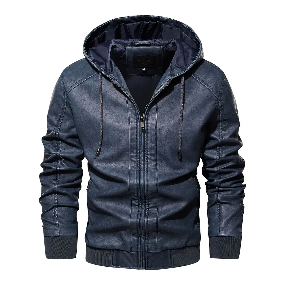 Geoffrey Men's Blue Hooded Leather Jacket