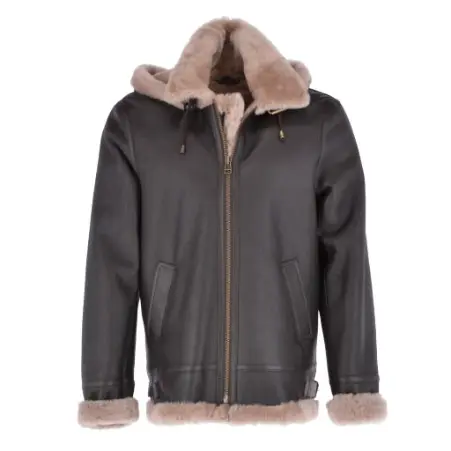 Hooded Brown Sheepskin Flying Jacket