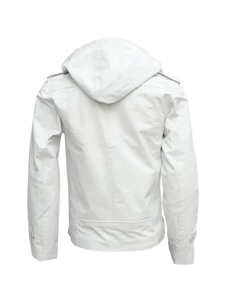 Lewisburg Men's White detachable Hood Leather Jacket