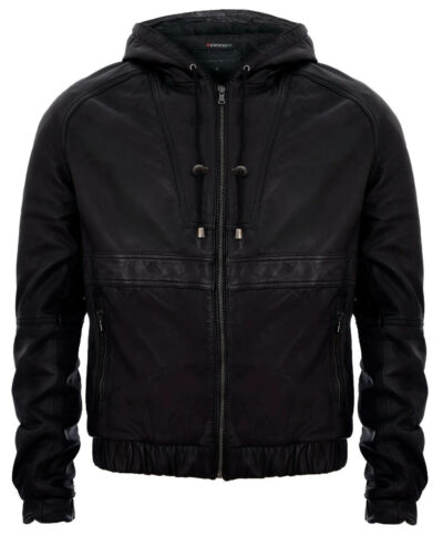 Lombard Men's Black Leather Hooded Bomber Jacket