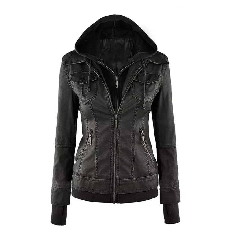 Lynchburg Women's Black Hooded Leather Jacket