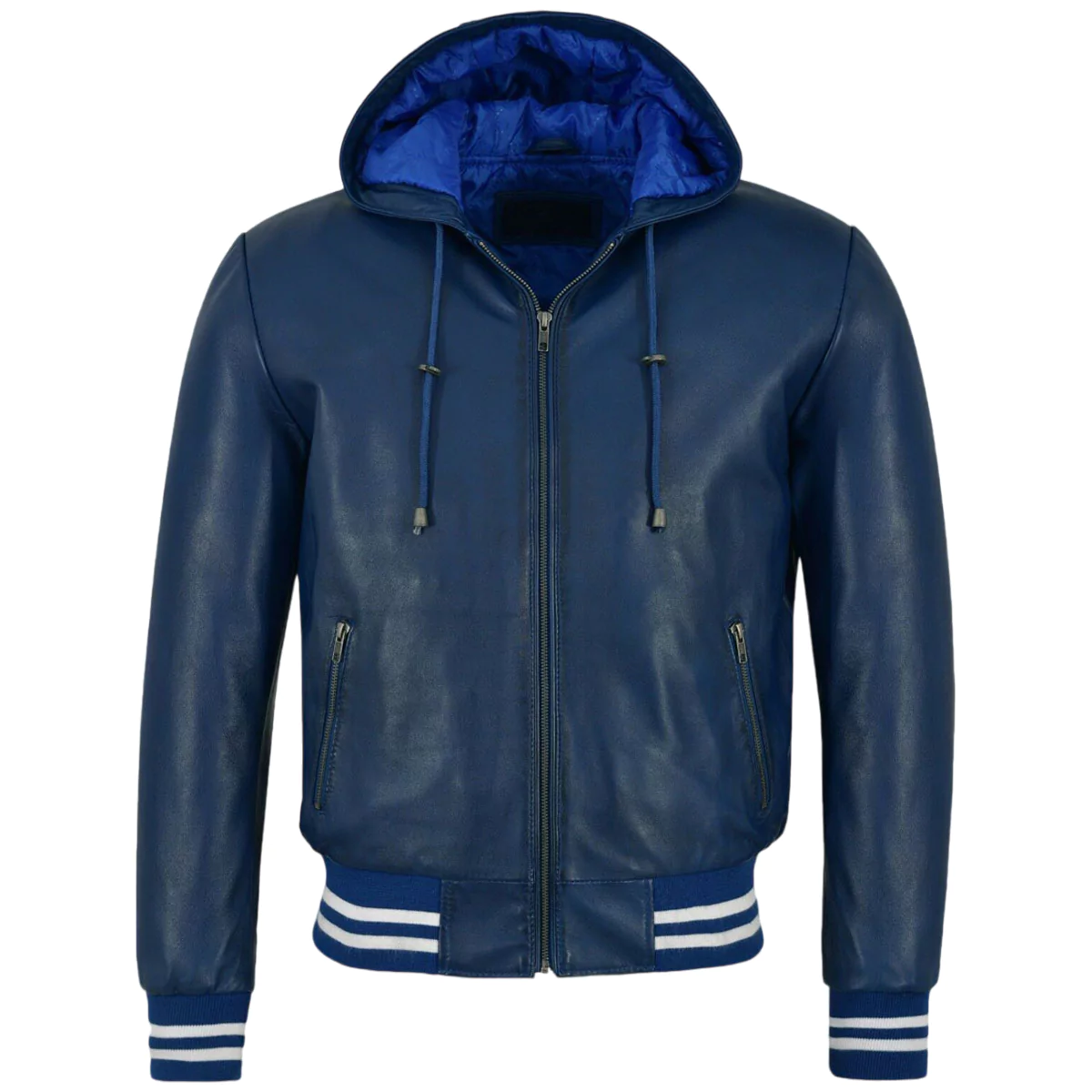 Madison Men's Blue Hooded Leather Bomber Jacket