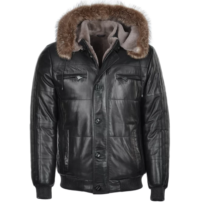 Men’s Black Sheepskin Hooded Leather Jacket