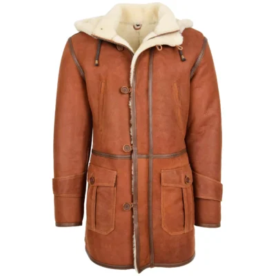 Men's Brown Hooded Sheepskin Duffle Coat