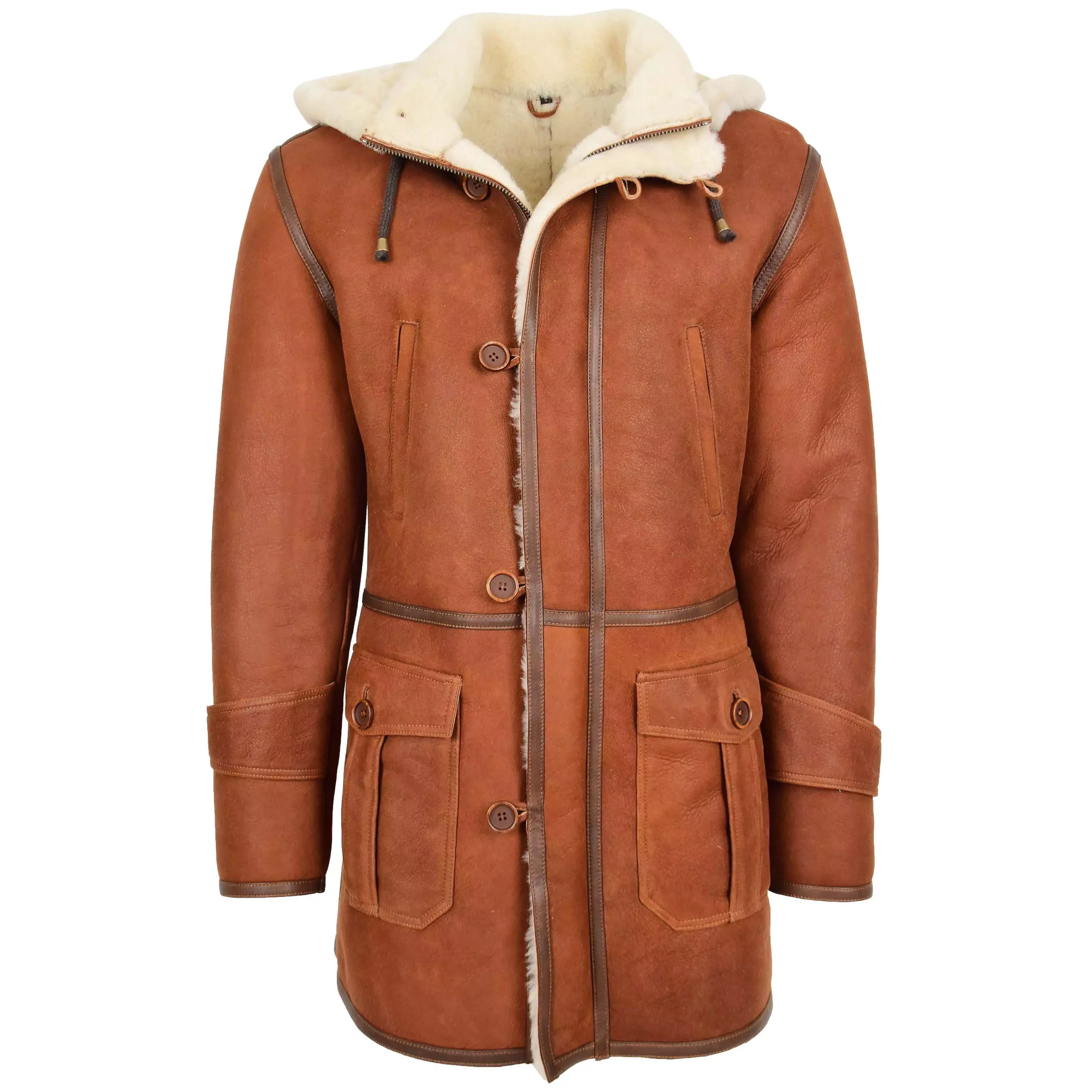 Men's Brown Hooded Sheepskin Duffle Coat