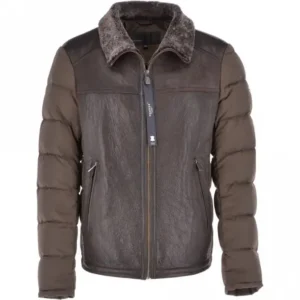 Men's Brown Puffer Sheepskin Leather Jacket