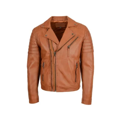 Men's Double Zip Tan Biker Leather Jacket