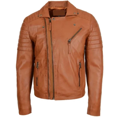 Men's Double Zip Tan Biker Leather Jacket