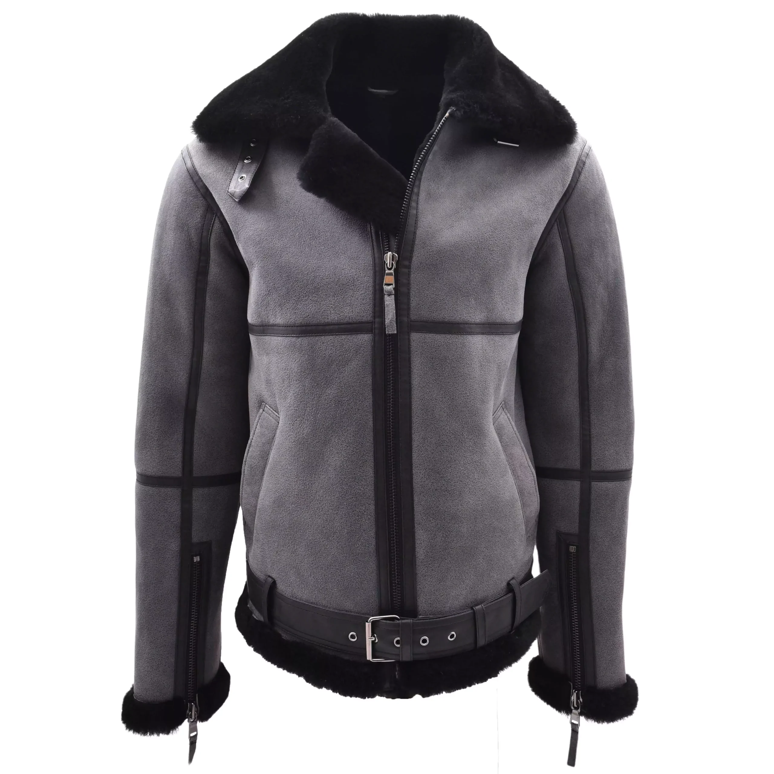 Men's Gray Shearling Sheepskin Flying Jacket