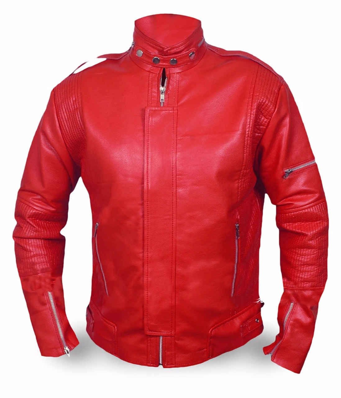 Mens Snap Buttons Red Leather Jacket