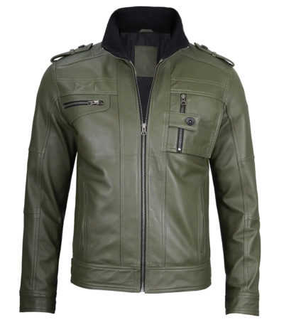 Military Men’s Green Leather Biker Jacket