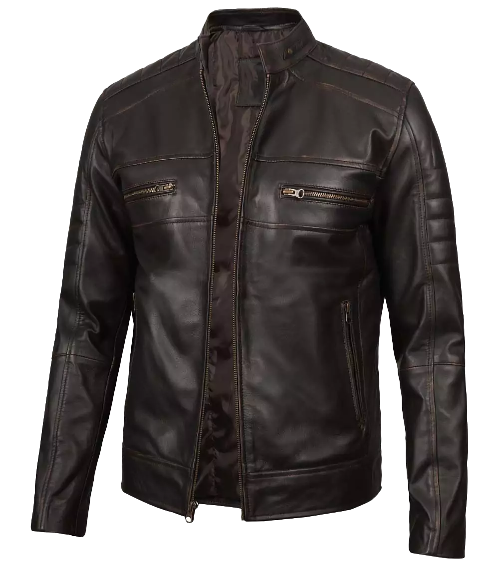 thumbnail image 2 of Men's Vintage Distressed PU Leather Jacket - Racer Biker Style Casual Spencer For Fall & Winter 2 of 13