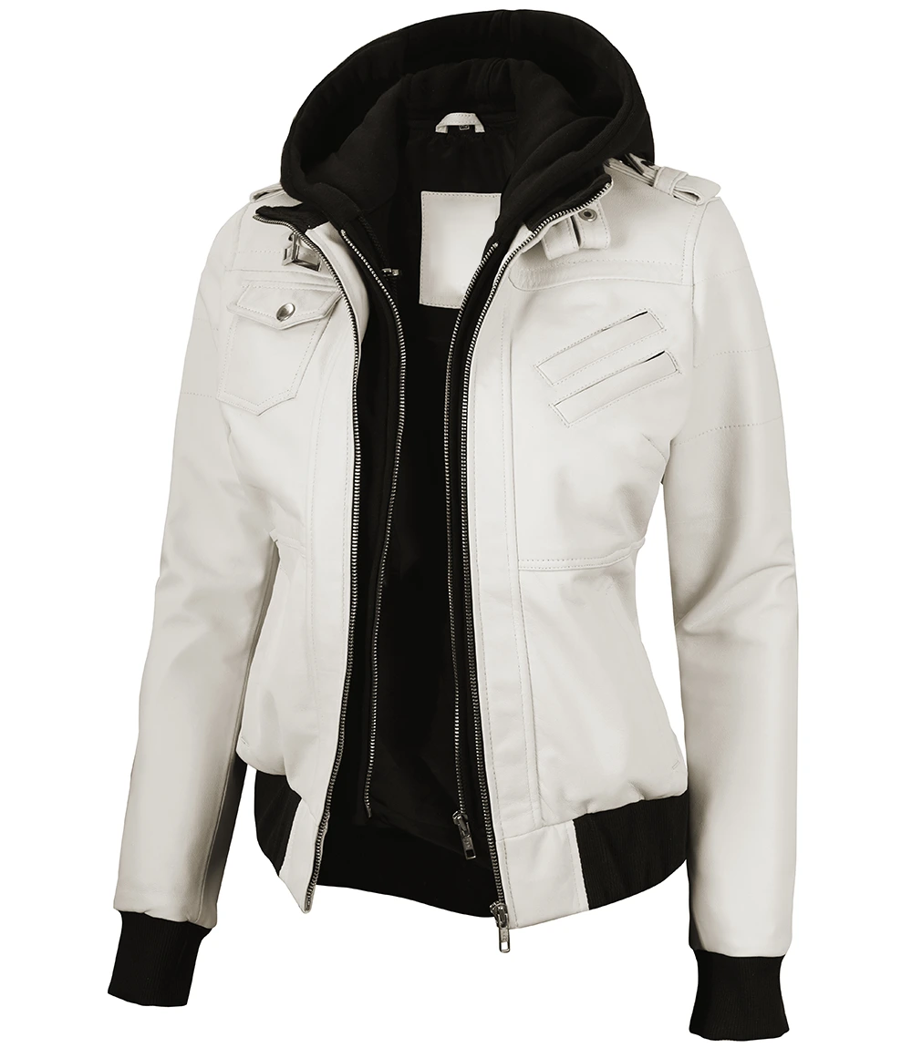 Natick Women’s White Hooded Leather Jacket