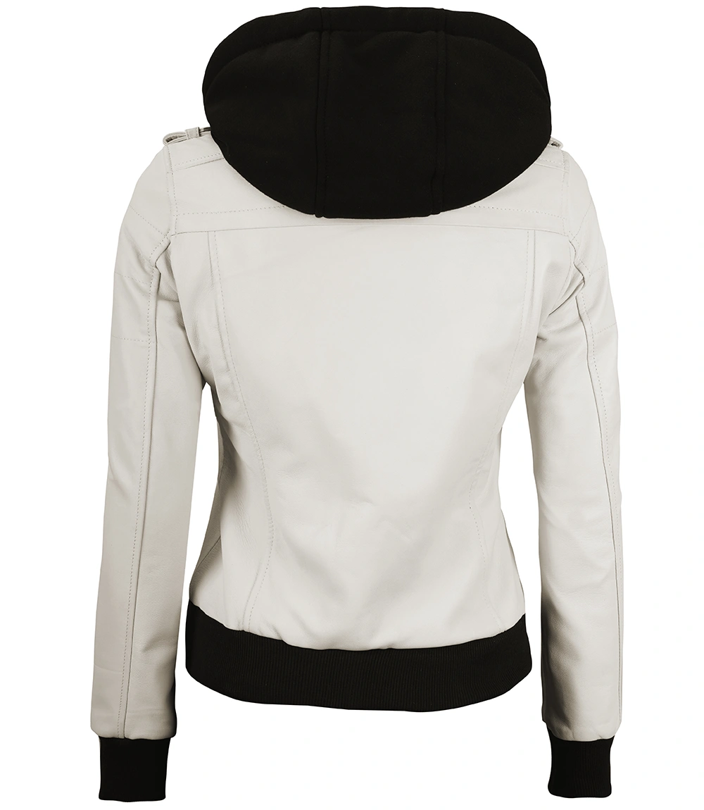 Natick Women's White Hooded Leather Jacket