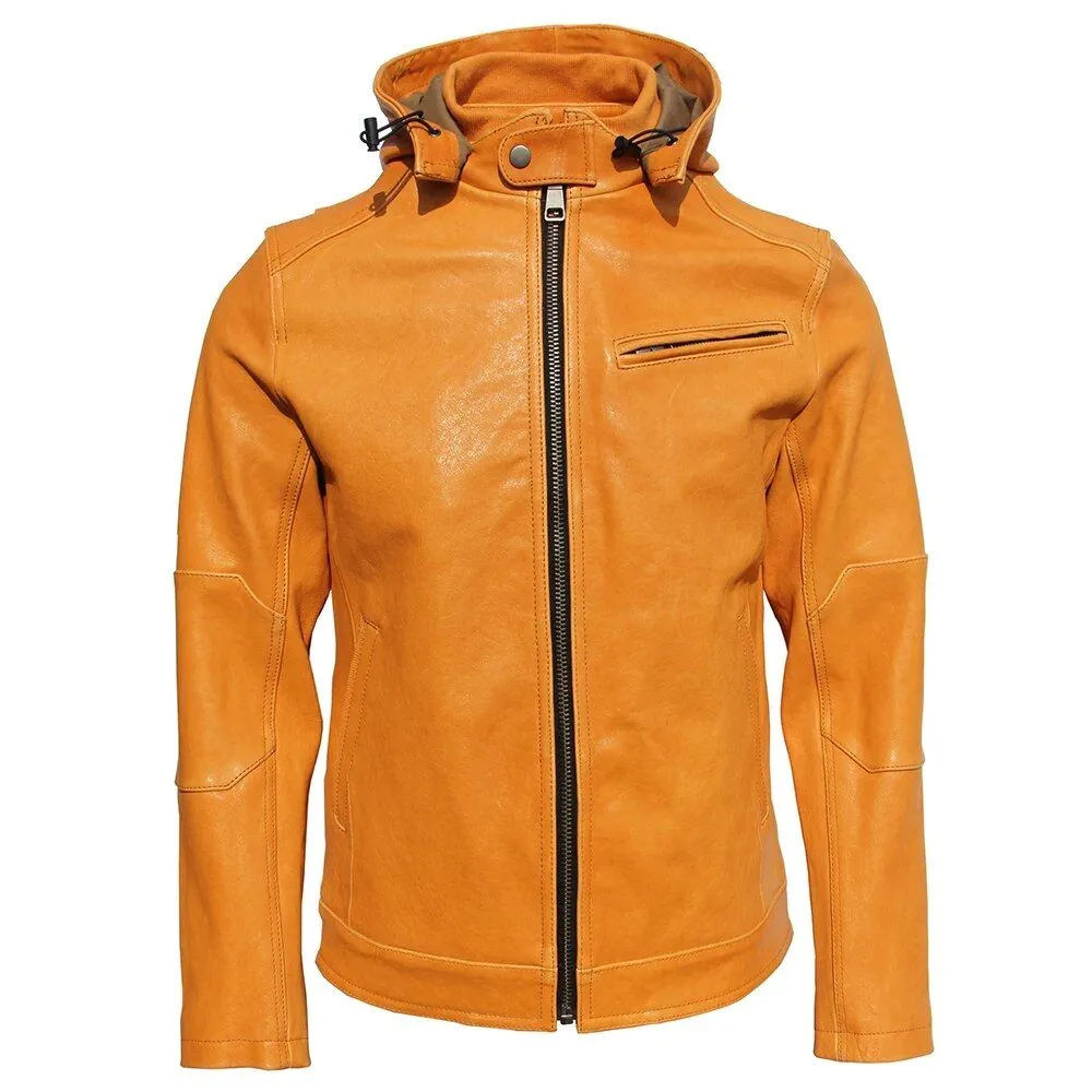 Novato Men's Yellow Hood Leather Jacket