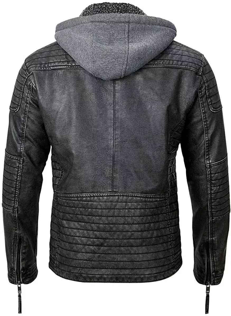 Removable Hood Distressed Biker Leather Jacket