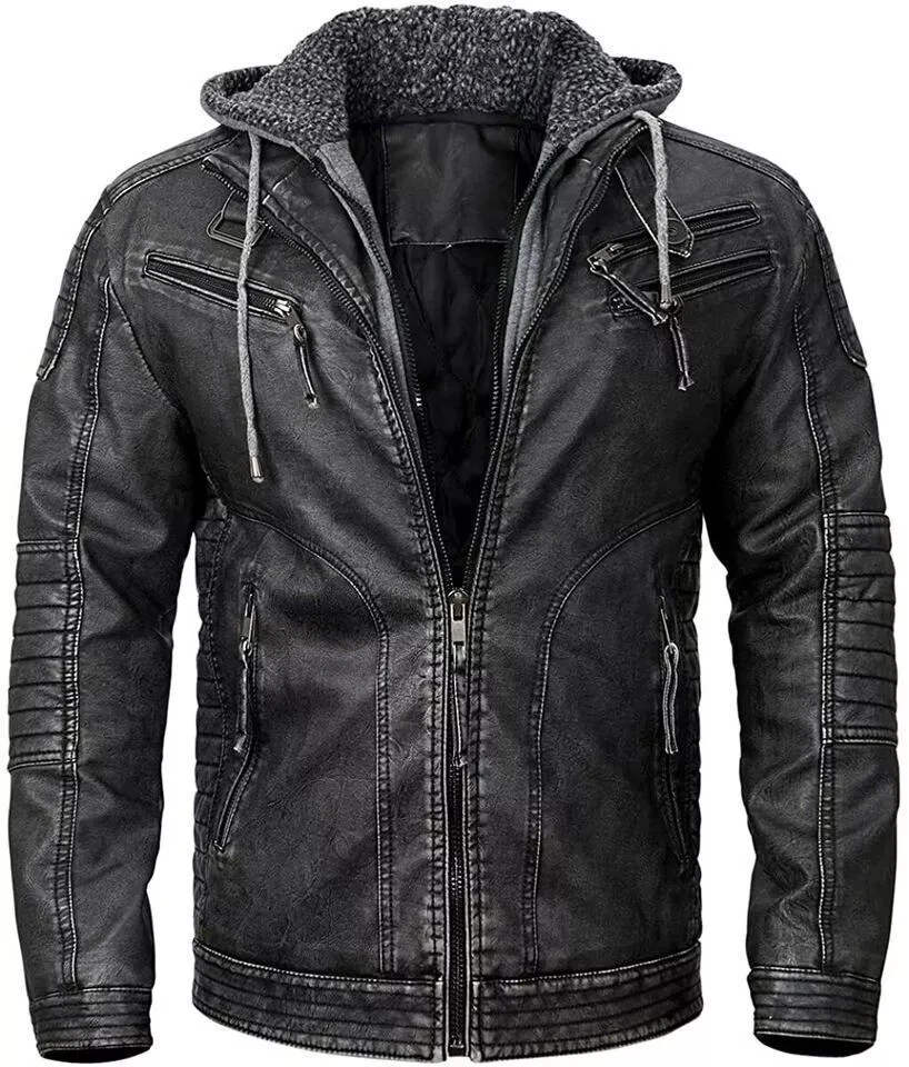 Removable Hood Distressed Biker Leather Jacket