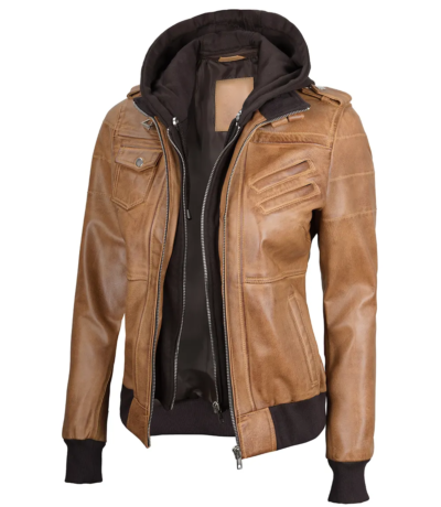 Revere Women's Brown Hooded Leather Jacket