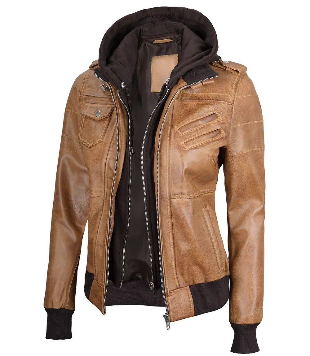 Revere Women’s Brown Hooded Leather Jacket