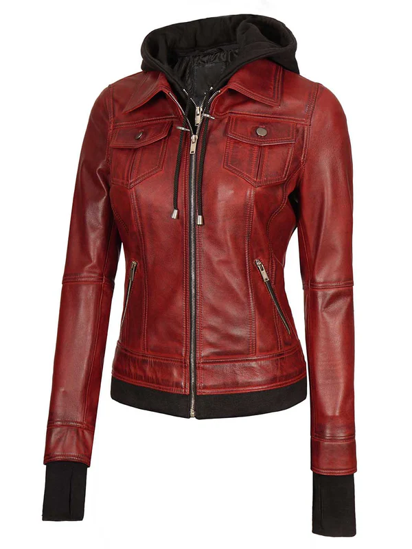 Rumford Women’s Bomber Maroon Hood Leather Jacket