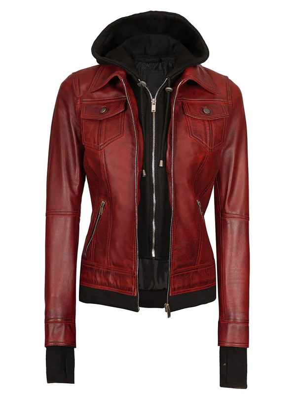 Rumford Women's Bomber Maroon Hood Leather Jacket