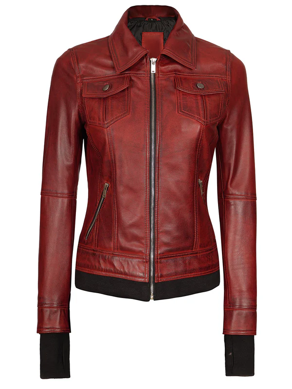 Rumford Women’s Bomber Maroon Hood Leather Jacket