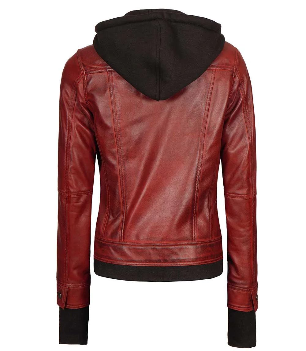 Rumford Women's Bomber Maroon Hood Leather Jacket