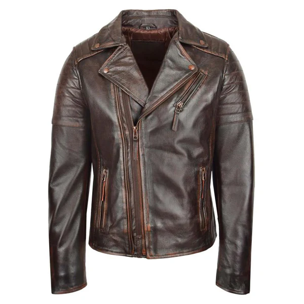 Sharpe Men's Brown Cross Zip Leather Biker Jacket