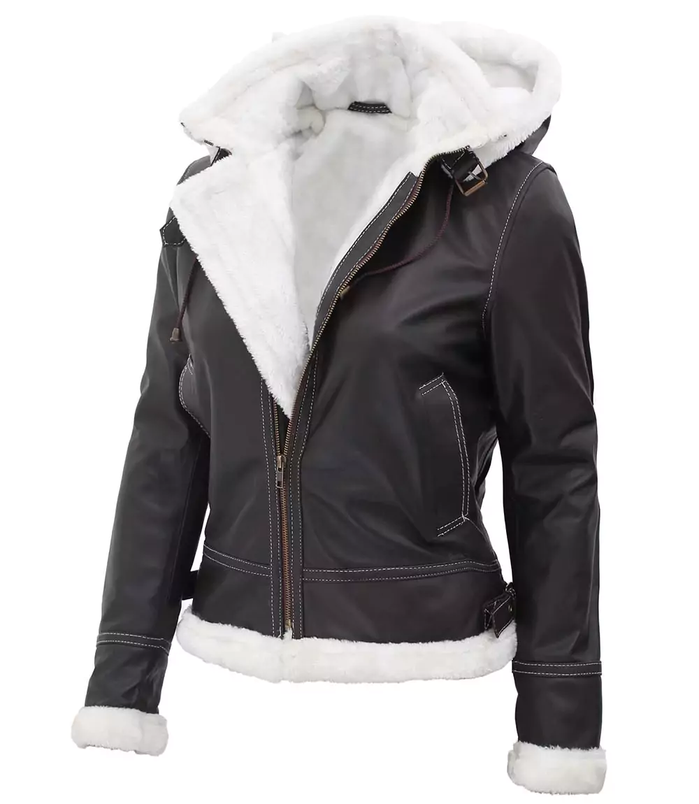 Shawnee Women's Brown Bomber hood Leather Jacket