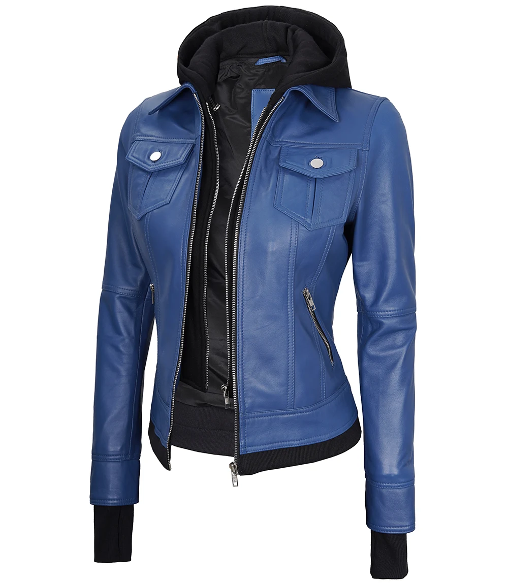 Taunton Women's Blue Hooded Leather Jacket