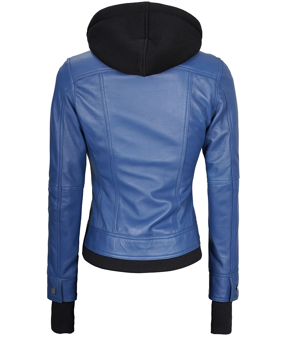 Taunton Women's Blue Hooded Leather Jacket