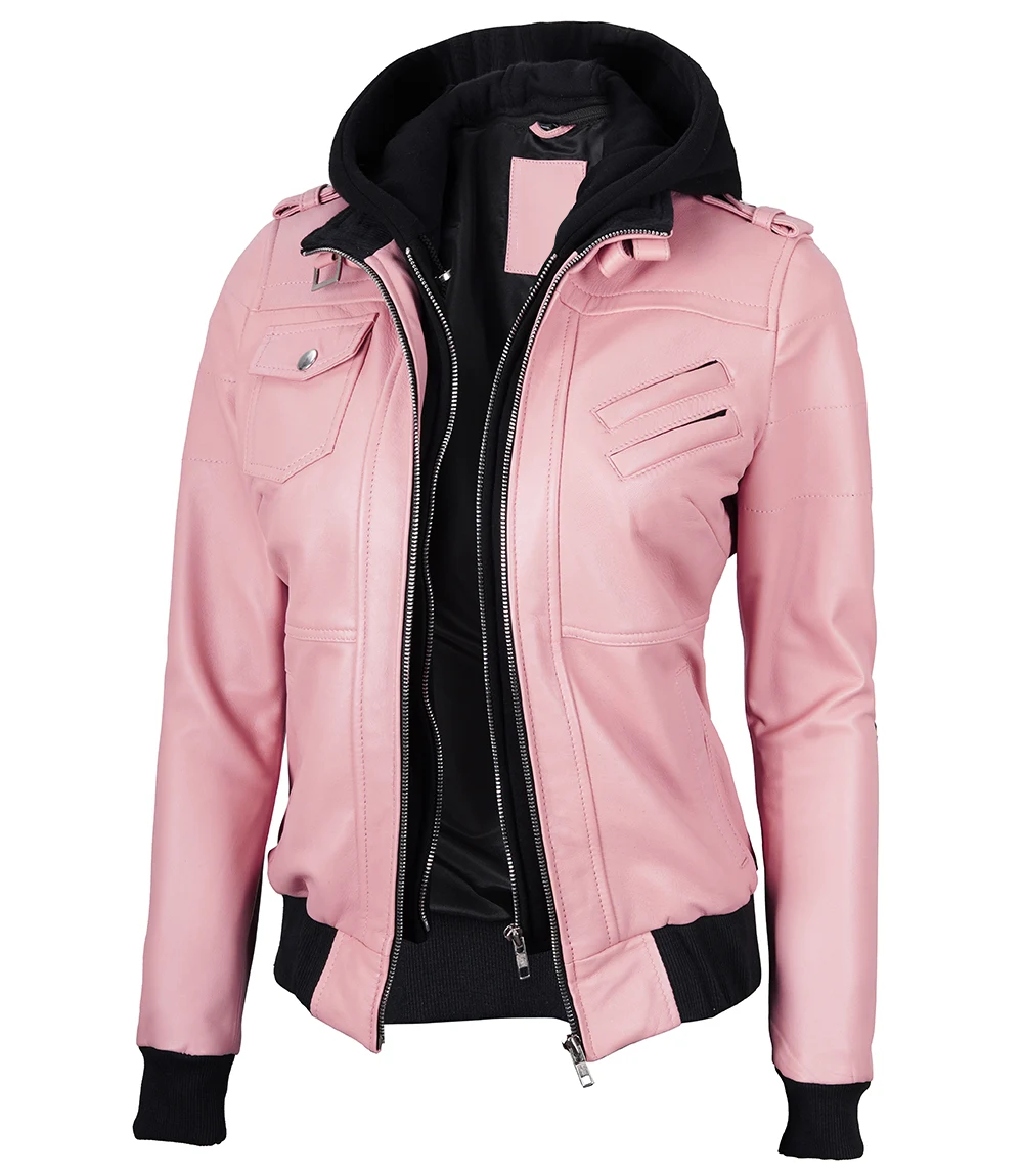 Towson Women’s Pink Hooded Leather Jacket