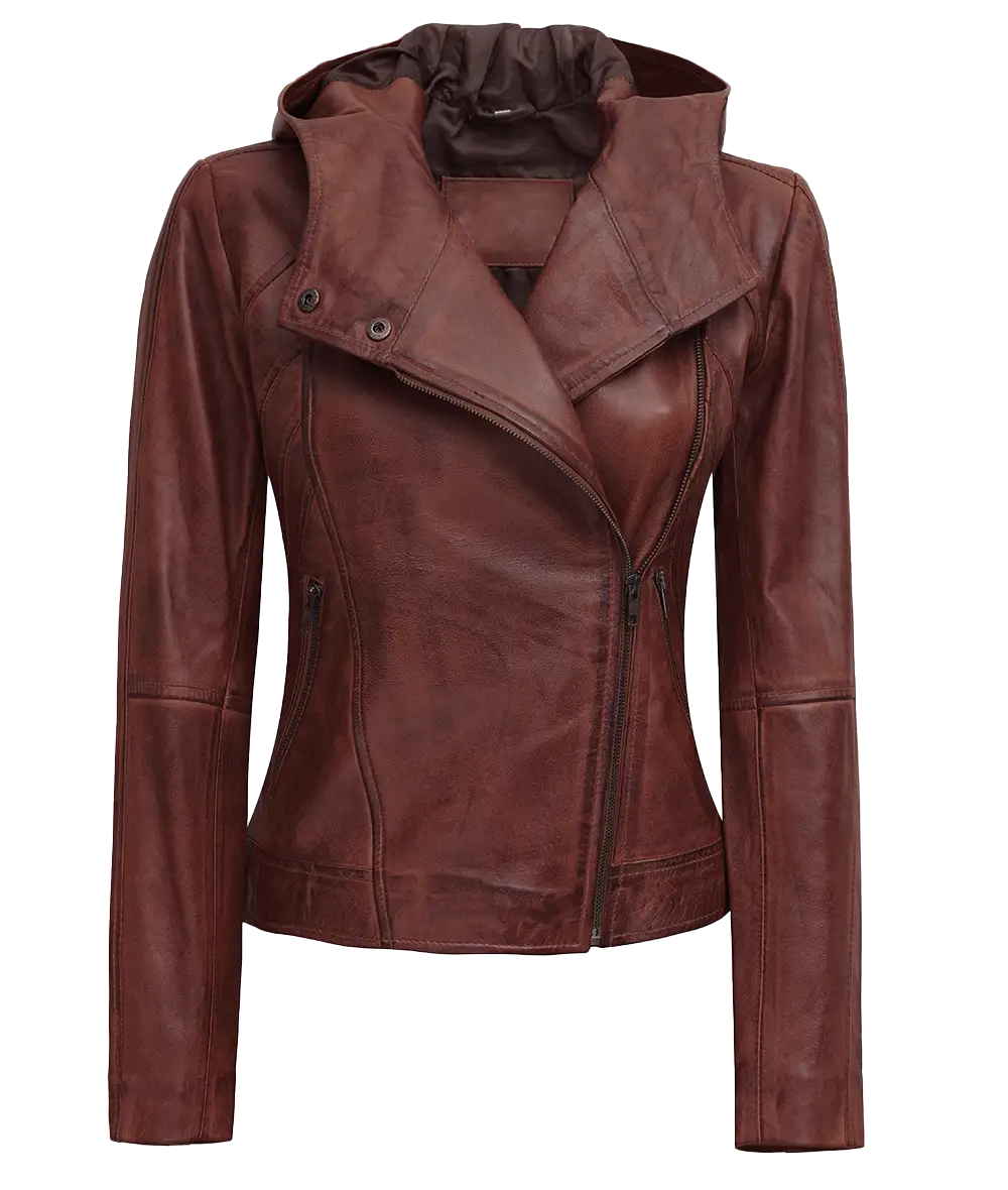 Winona Women's Brown Hood Moto Leather Jacket