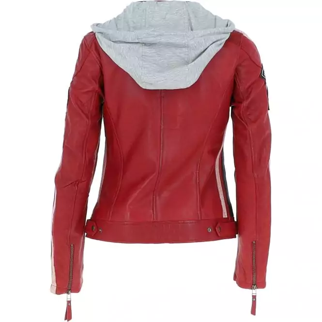 Women’s Red Detachable Hood Moto Leather Jacket