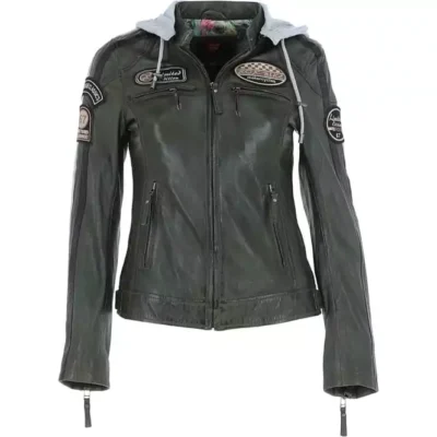 Women's Green Hooded Cafe Racer Leather Jacket