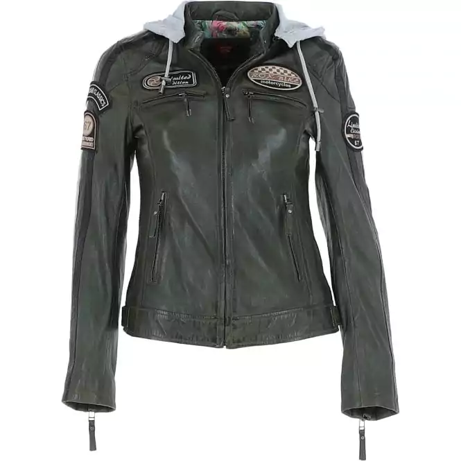 Women’s Green Hooded Cafe Racer Leather Jacket