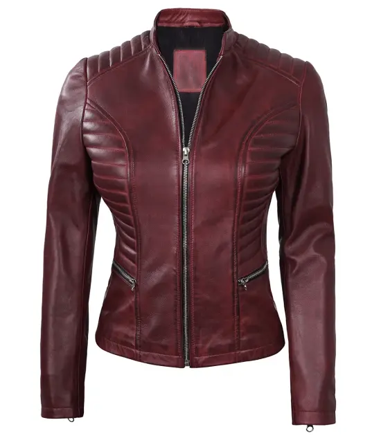 Women’s Maroon Cafe Racer Quilted Jacket