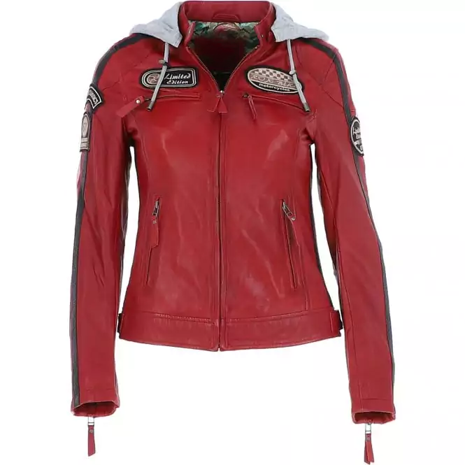 Women's Red Detachable Hood Moto Leather Jacket