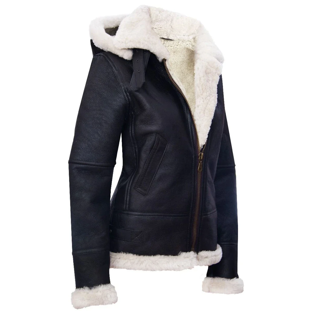 Adolphus Women's Brown Aviator Hooded Sheepskin Jacket