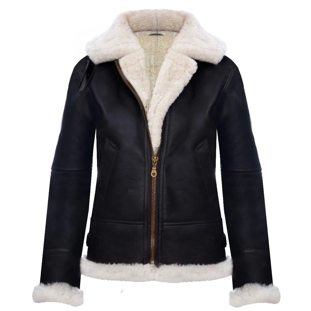 Adolphus Women's Brown Aviator Hooded Sheepskin Jacket