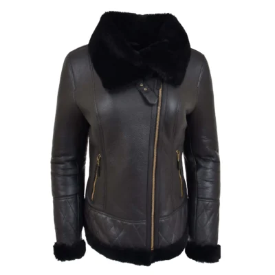 Arnav Women's Black Sheepskin Aviator Leather Jacket