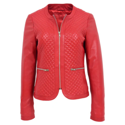 Aubrey Women's Collarless Red Leather Jacket
