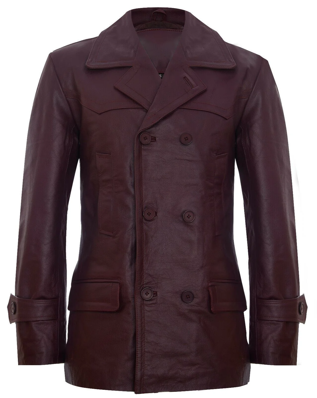 Brenden Men's Burgundy Double Breasted Leather Coat