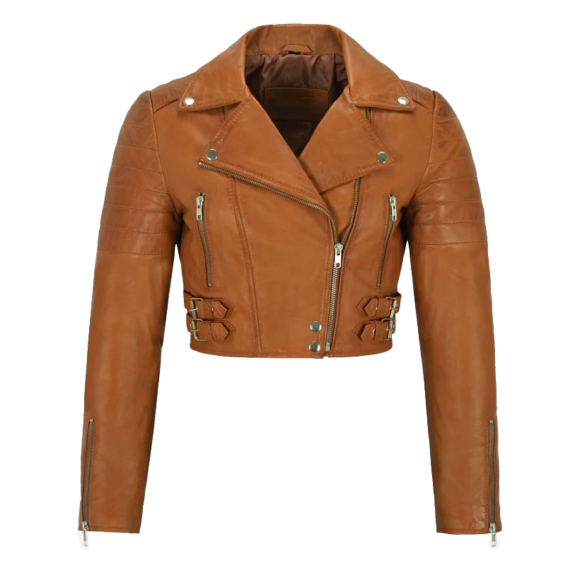 Brent Women's Tan Cropped Biker Leather Jacket