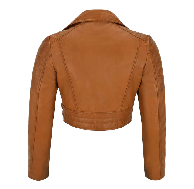 Brent Women's Tan Cropped Biker Leather Jacket