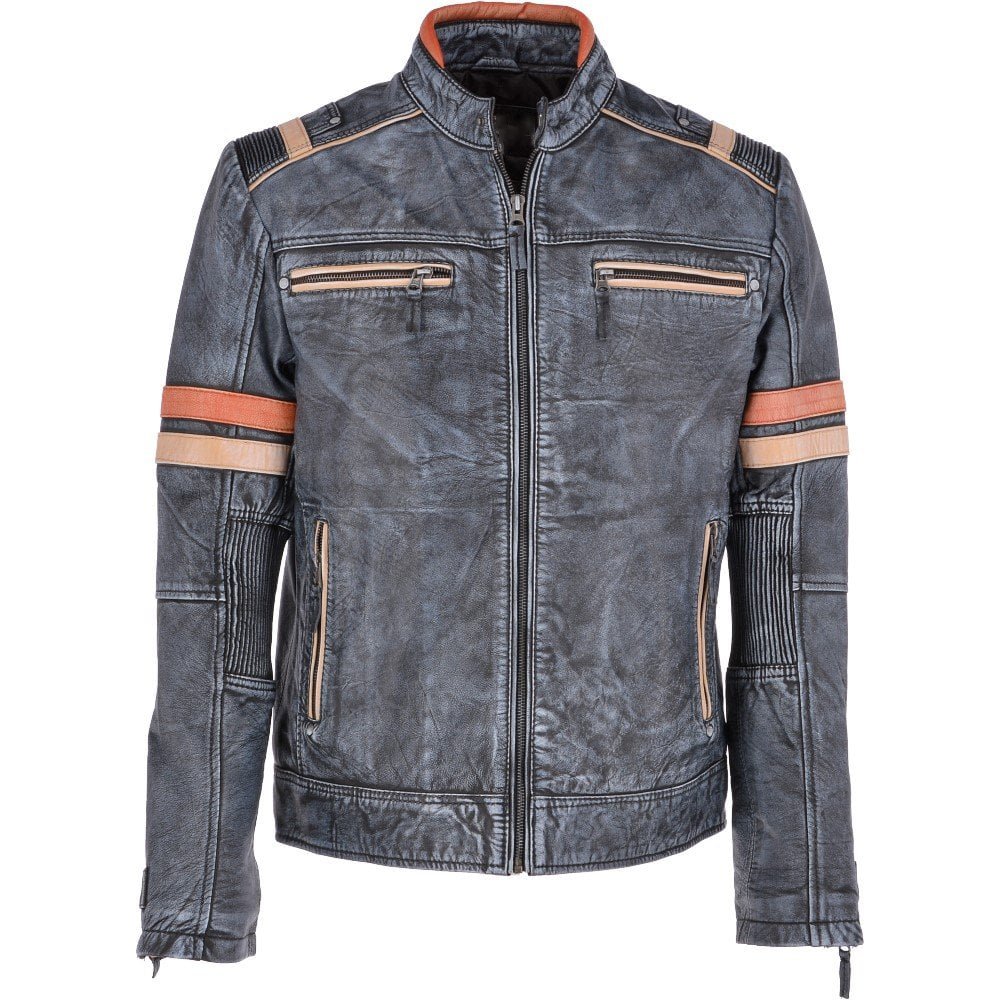 Bridget Men's Grey Vintage Biker Leather Jacket