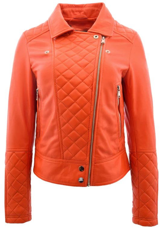 Brinda Women's Orange Cross Zip Biker Leather Jacket