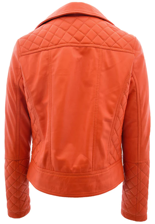 Brinda Women's Orange Cross Zip Biker Leather Jacket