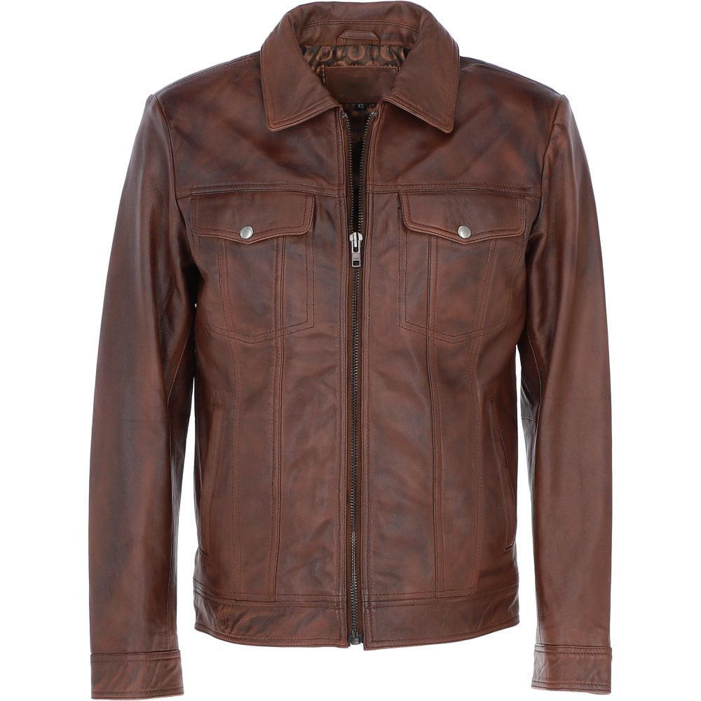 Carlton Men's Brown Bomber Leather Shirt Jacket