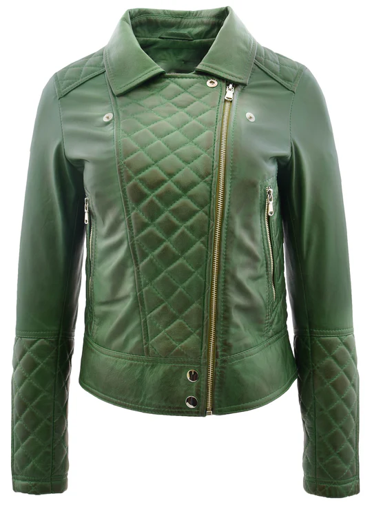 Chelsie Women's Green Cross Zip Biker Leather Jacket